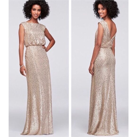 David’s Bridal Long Sequin Sheath Blouson Maxi Dress Gown Cap Sleeves‎ Gold XS